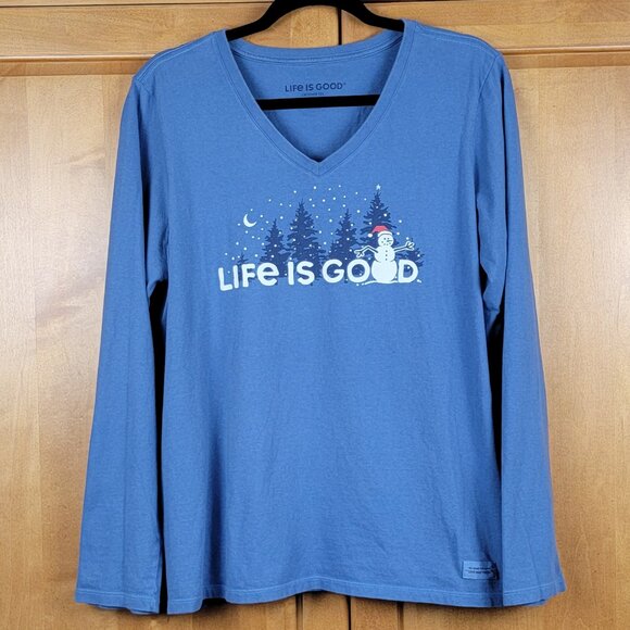 Life is Good Vintage Blue V-Neck Snowman Landscape Long Sleeve Crusher Tee - L - Picture 3 of 10